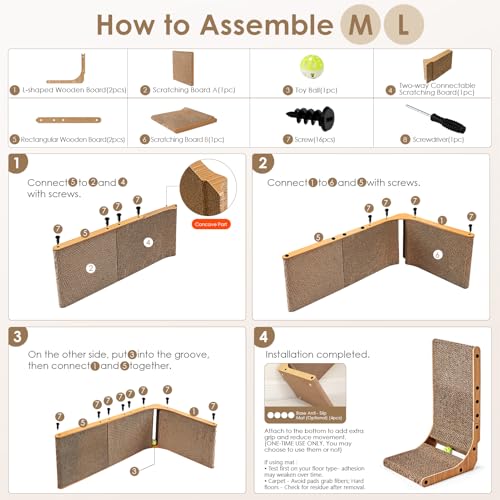 L-Shaped Cardboard Cat Scratcher Pad with Ball Toy