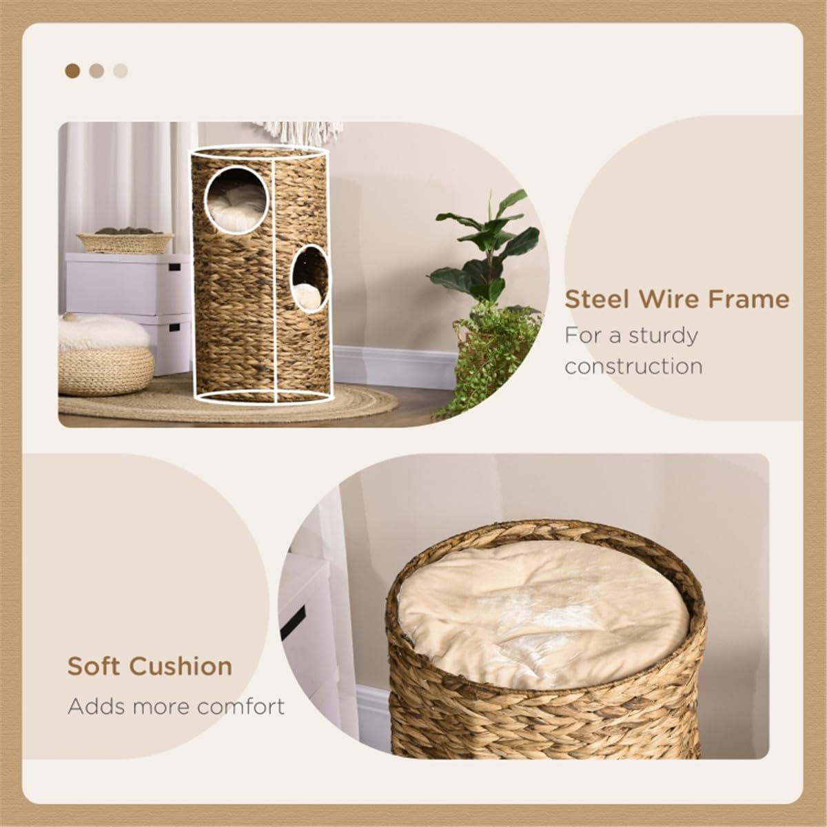 4-Level Water Hyacinth Cat Tree with 3 Hideaway Beds