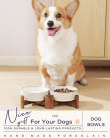 Ceramic Dog & Cat Bowl Set with Acacia Wood Stand