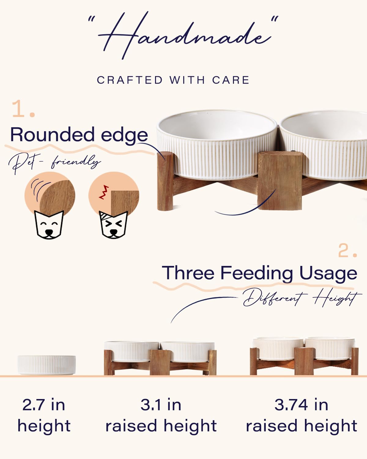 Ceramic Dog & Cat Bowl Set with Acacia Wood Stand