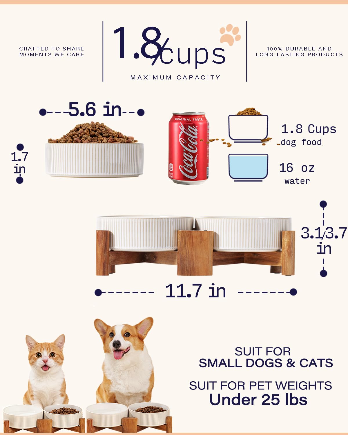 Ceramic Dog & Cat Bowl Set with Acacia Wood Stand