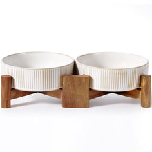 Ceramic Dog & Cat Bowl Set with Acacia Wood Stand
