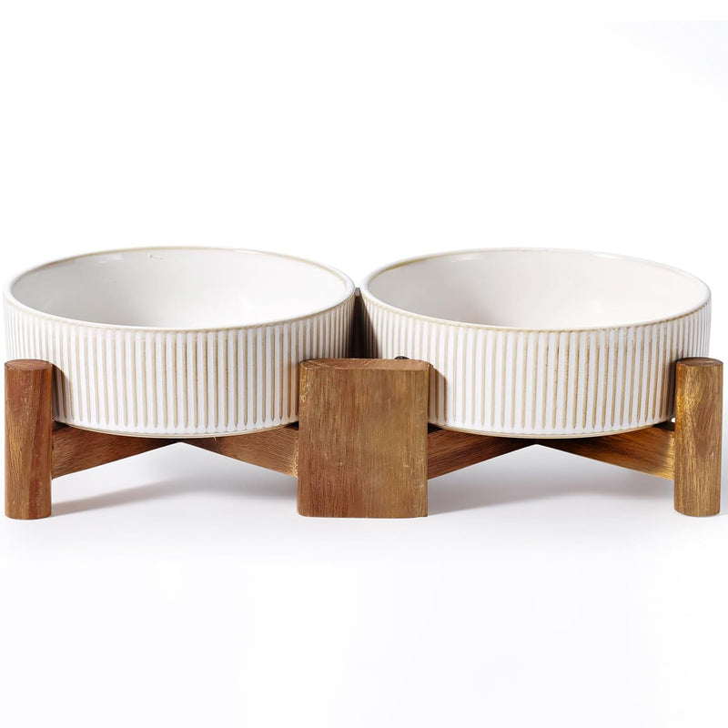 Ceramic Dog & Cat Bowl Set with Acacia Wood Stand