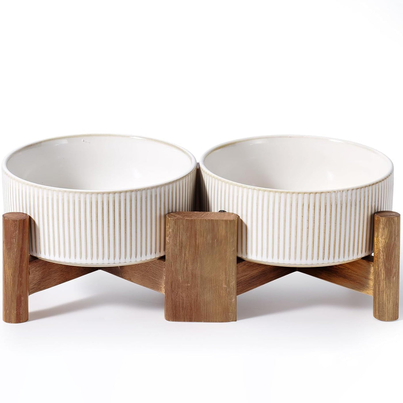 Ceramic Dog & Cat Bowl Set with Acacia Wood Stand