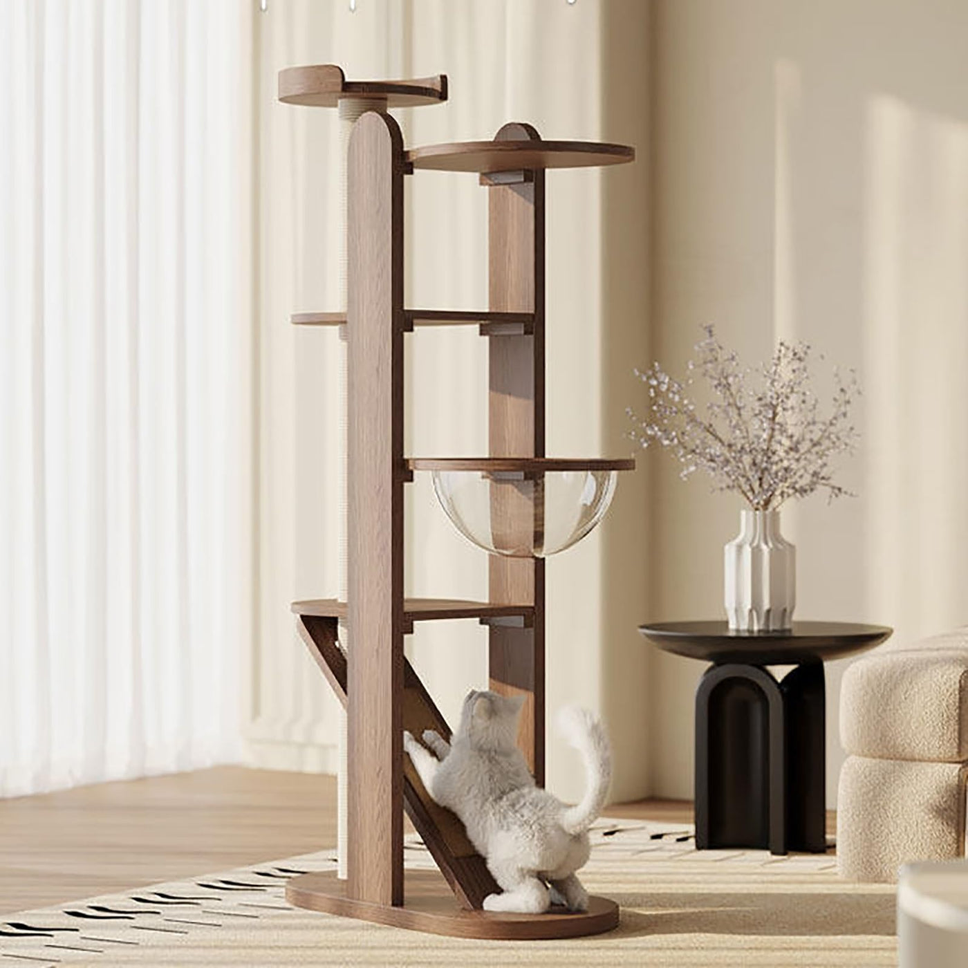 Minimalist Tall Cat Tree with Space Capsule Bed