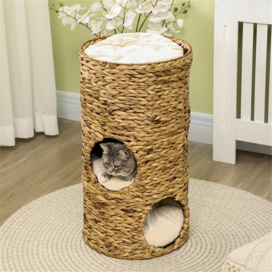 4-Level Water Hyacinth Cat Tree with 3 Hideaway Beds