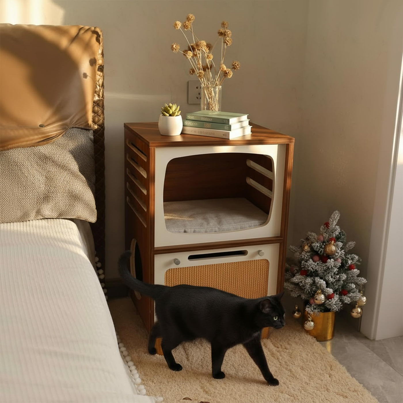 Retro TV-Style 2-Tier Cat Activity Center with Scratcher