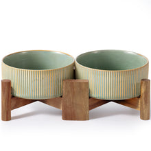 Ceramic Dog & Cat Bowl Set with Acacia Wood Stand