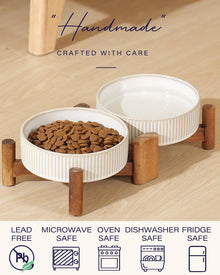 Ceramic Dog & Cat Bowl Set with Acacia Wood Stand