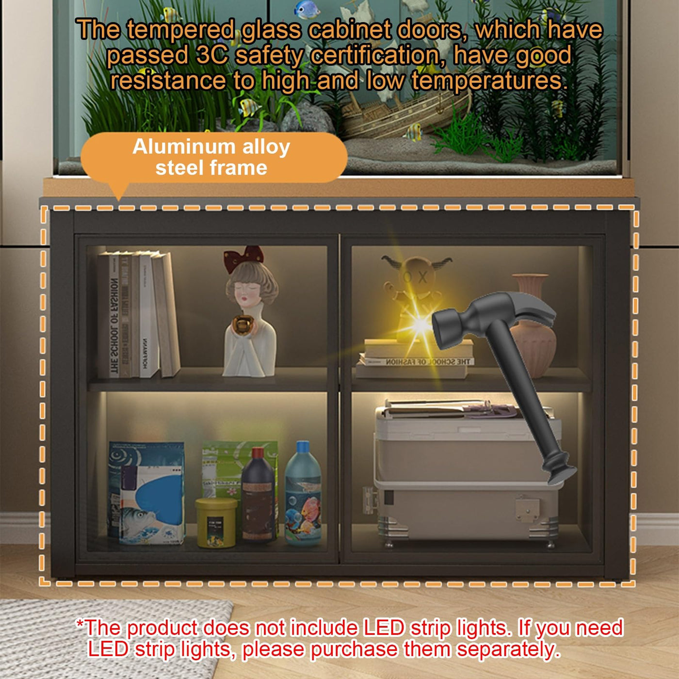 Heavy Duty Aquarium Stand with Glass Storage Cabinet
