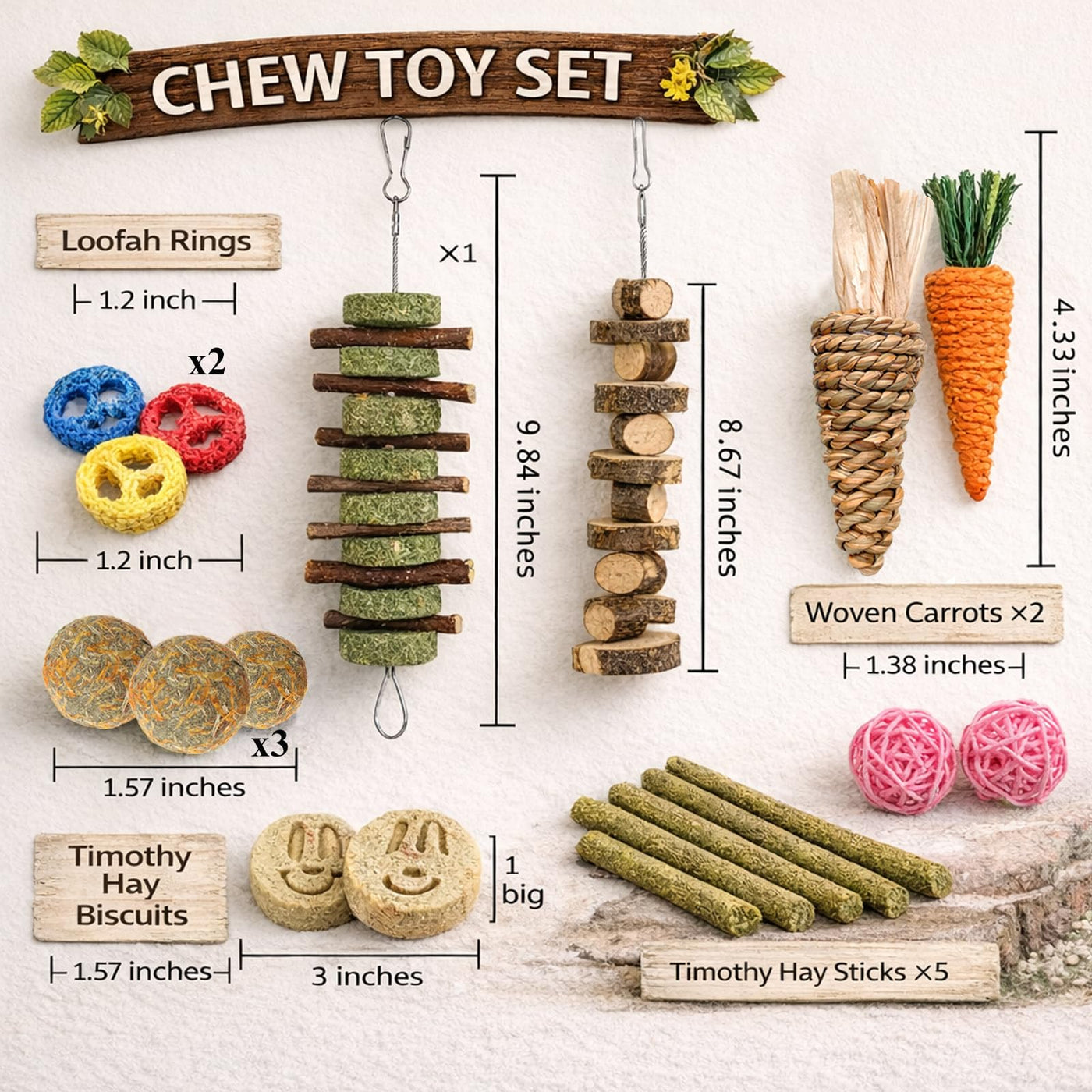 Natural Bunny Chew Toys with Apple Wood & Timothy Grass