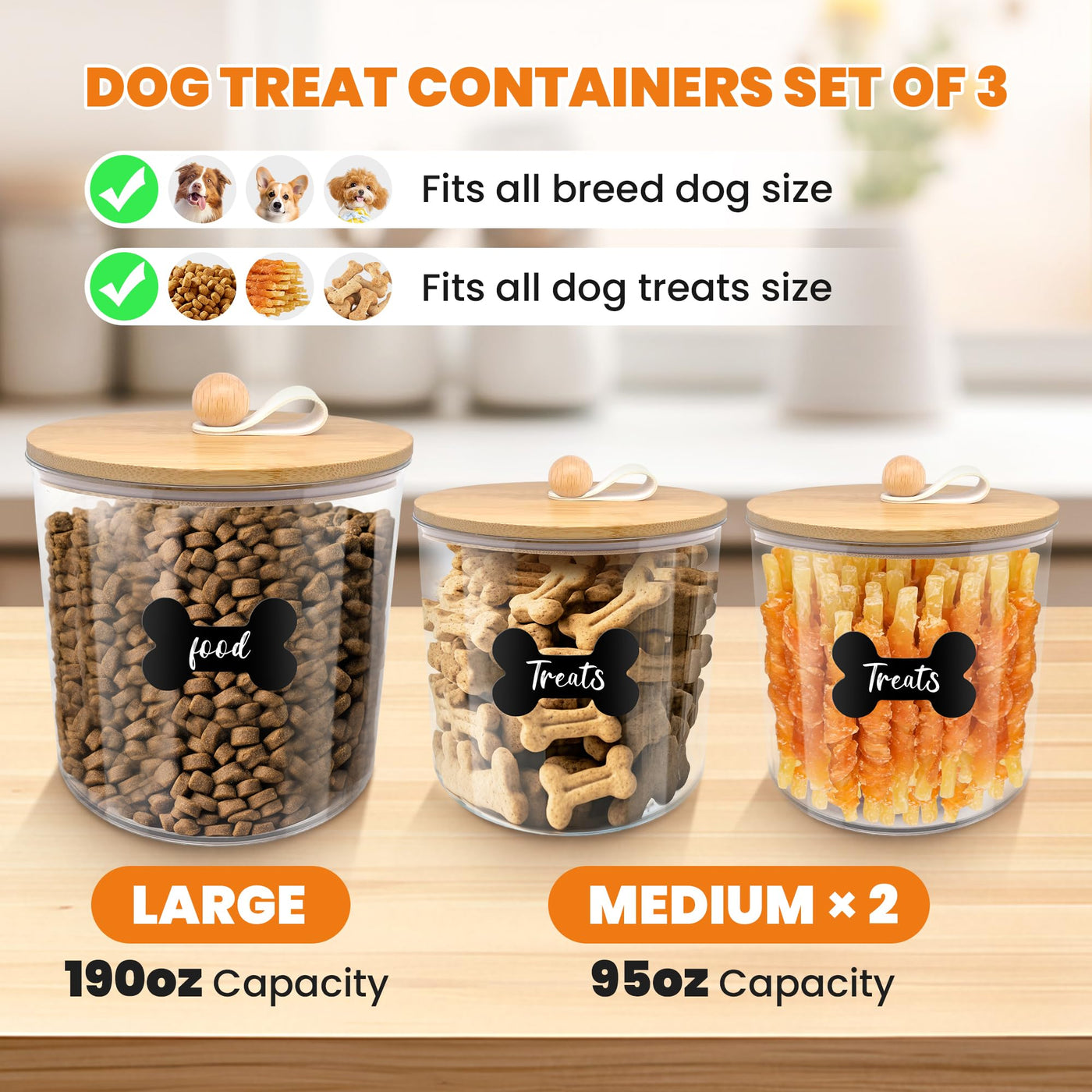 6-Pack Airtight Dog Treat Containers with Bamboo Lids