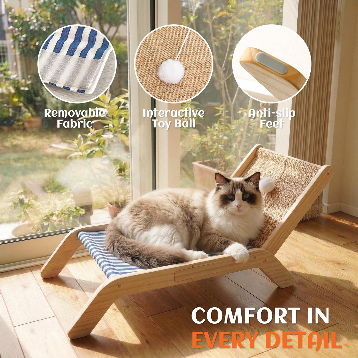 Beach Chair Cat Hammock with Sisal Scratcher & Toy Ball