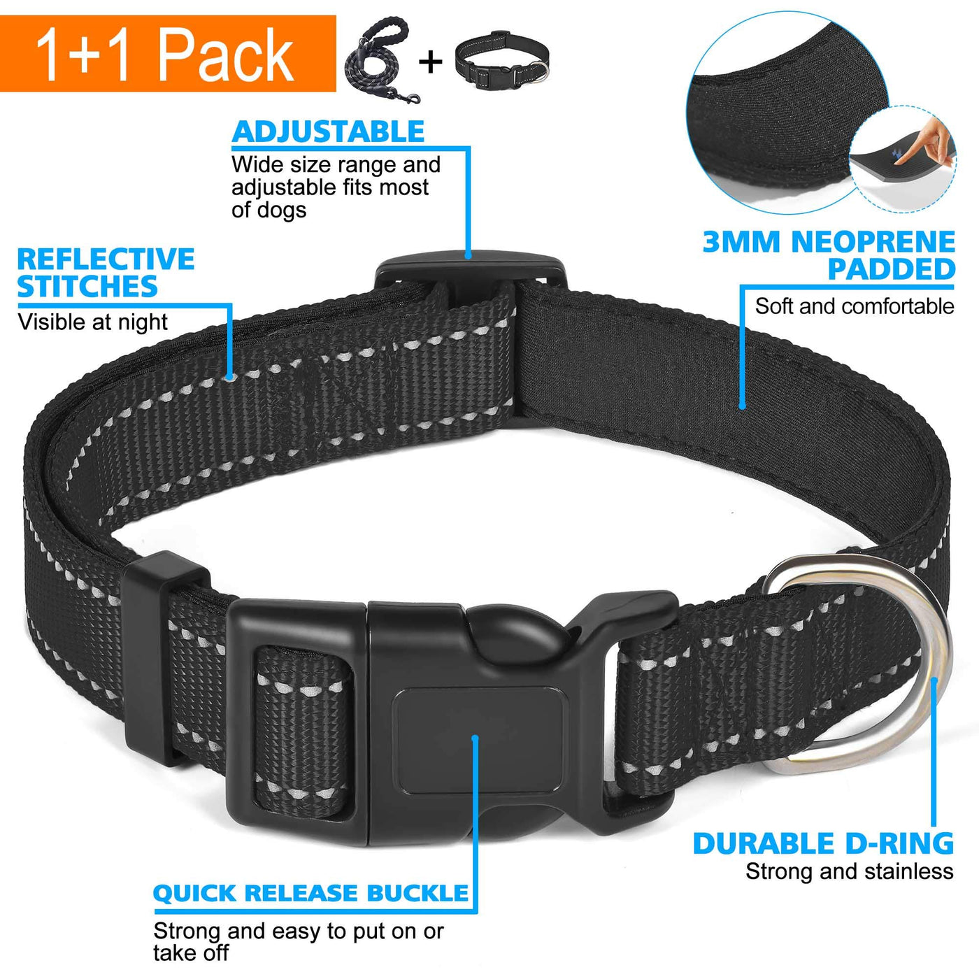 Reflective Padded Nylon Dog Collar with Neoprene Lining
