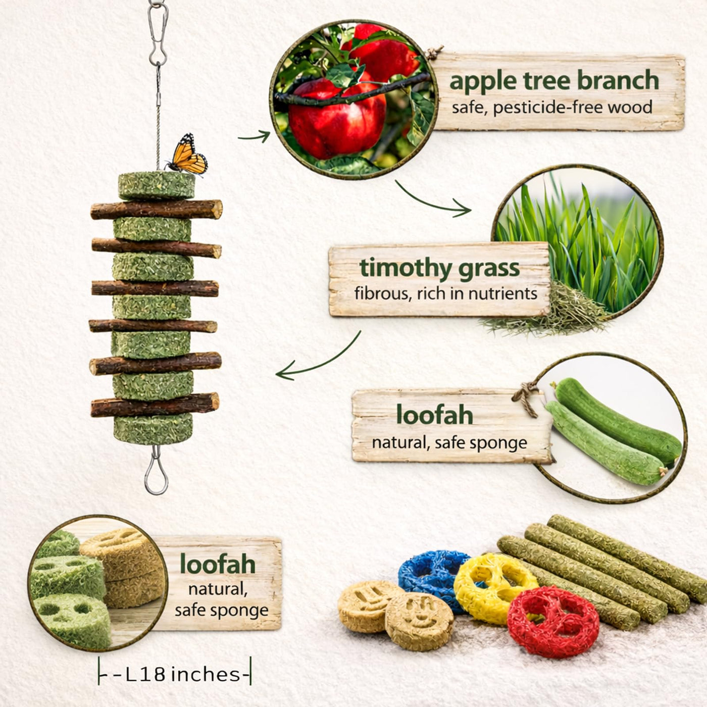Natural Bunny Chew Toys with Apple Wood & Timothy Grass